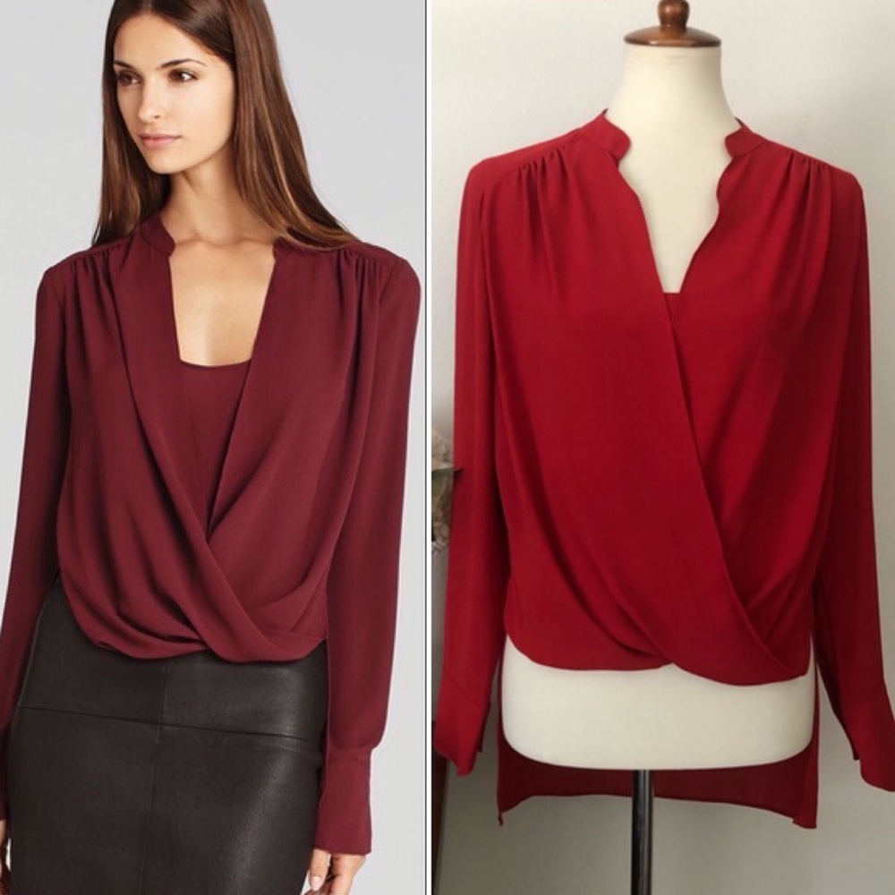 BCBGMaxazria draped front notched neck Jaklyn blouse cherry red size XS